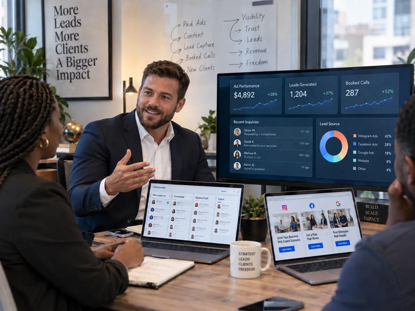 A business team reviewing ads, content and lead generation